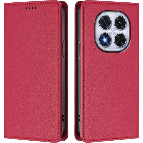Custodia In Pelle Per Xiaomi Redmi Note 14 Pro 4G, Custodia Flip Magnetica In Finto Cuoio Con Supporto Rosso-image