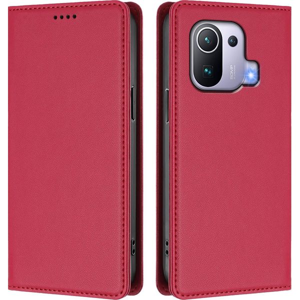 Custodia In Pelle Per Xiaomi Mi 11 Pro, Custodia Magnetica In Finto Cuoio Con Supporto Rosso-image