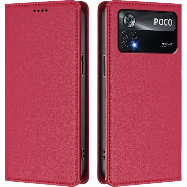 Custodia Per Xiaomi Poco X4 Pro 5G, Flip Cover In Finto Cuoio Antiurto Magnetica Con Supporto Rosso-image