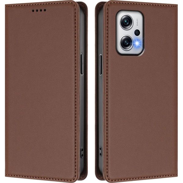 Custodia Per Xiaomi Poco X4 Gt/Redmi Note 12T Pro, Flip Cover In Finto Cuoio Antiurto Magnetica Con Supporto Marrone-image
