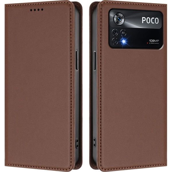 Custodia In Pelle Per Xiaomi Poco X4 Pro 5G, Custodia Flip Magnetica In Finto Cuoio Con Supporto Marrone-image
