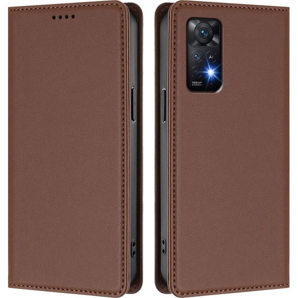 Custodia Per Xiaomi Redmi Note 11 Pro 5G/4G/Note 12 Pro 4G, Flip Cover In Finto Cuoio Antiurto Magnetica Con Supporto Marrone-image