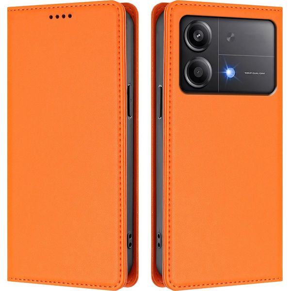 Custodia In Pelle Per Xiaomi Poco X6 Neo, Custodia Flip Magnetica In Finto Cuoio Con Supporto Arancione-image