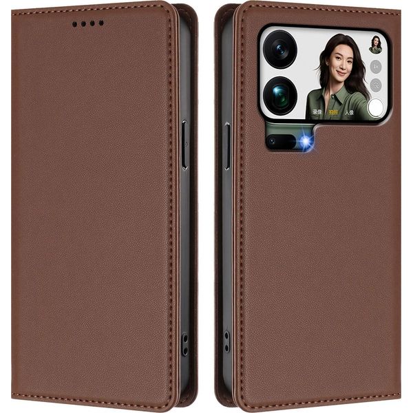 Custodia Per Xiaomi 17 Pro Max, Flip Cover In Finto Cuoio Antiurto E Magnetica Con Supporto Marrone-image