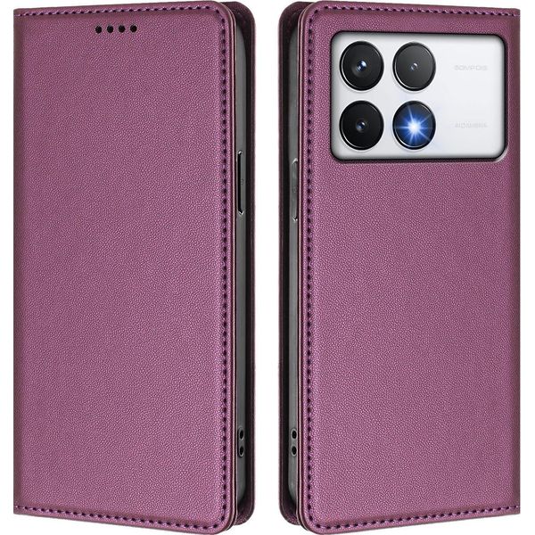 Custodia In Pelle Per Xiaomi Poco F6 Pro, Custodia Magnetica In Finto Cuoio Con Supporto Viola-image