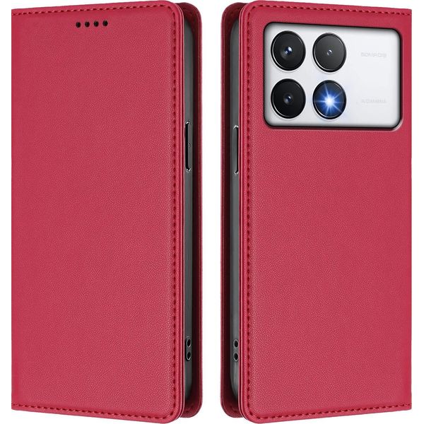 Custodia In Pelle Per Xiaomi Poco F6 Pro, Custodia Magnetica In Finto Cuoio Con Supporto Rosso-image