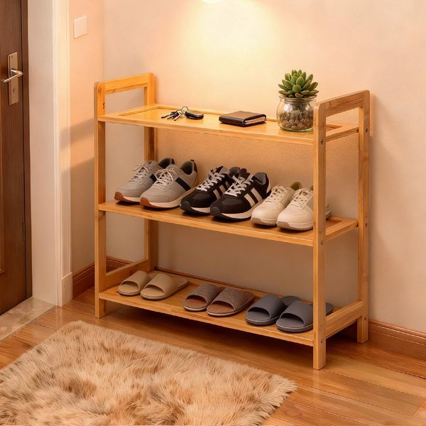 Fch Scarpiera A 3 Livelli, Panca Per Scarpe In Bambù, Per Corridoio, Bagno, Soggiorno, 68 X 25 X 51,5 Cm-image