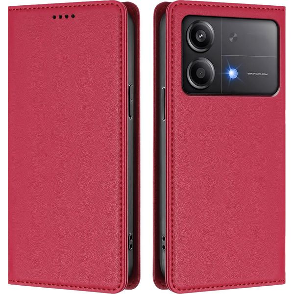 Custodia Per Xiaomi Poco X6 Neo, Flip Cover In Finto Cuoio Antiurto Magnetico Con Supporto Rosso-image