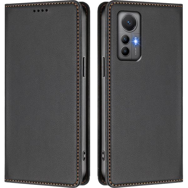 Custodia Per Xiaomi 12 Lite, Flip Cover In Finto Cuoio Antiurto E Magnetica Con Supporto Nero-image