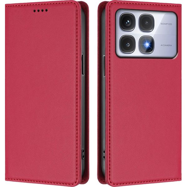 Custodia In Pelle Per Xiaomi Redmi K70 Ultra, Custodia Flip Magnetica In Finto Cuoio Con Supporto Rosso-image