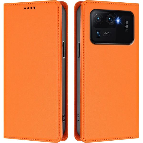 Custodia In Pelle Per Xiaomi Mi 11 Ultra, Flip Case Magnetico In Finto Cuoio Con Supporto Arancione-image
