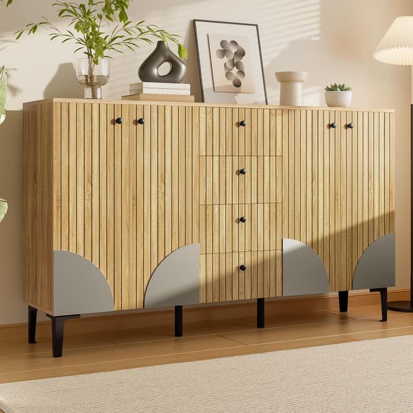 Merax Mobile Contenitore Moderno Con Gambe In Pvc Nero, Credenza In Legno Con 4 Ante E 4 Cassetti, Credenza Per Soggiorno E Sala Da Pranzo, Natura-image