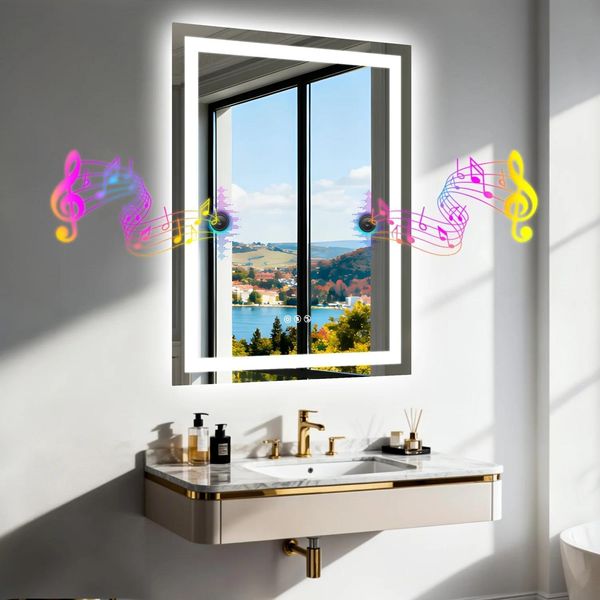 Specchio Da Bagno A Led - Rettangolare Senza Cornice - 50X70 Cm - Altoparlante Bluetooth - Retroilluminazione A Led, Dimmerabile In 3 Colori - Antiappannamento - Vetro Temperato, Impermeabile - Bianco-image