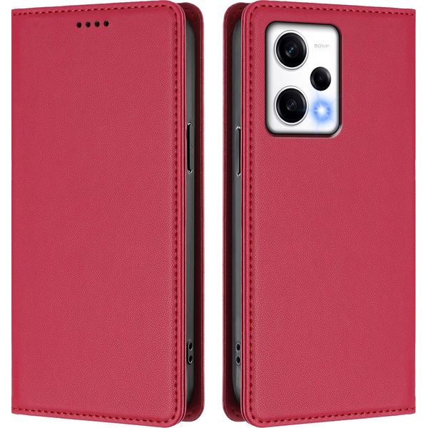 Custodia Per Xiaomi Poco X5 Pro/Redmi Note 12 Pro 5G, Flip Cover In Finto Cuoio Antiurto Magnetica Con Supporto Rosso-image