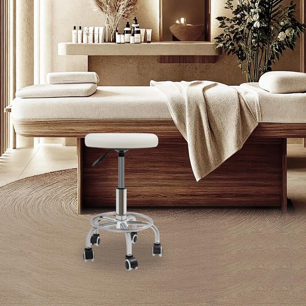 Sgabello Rotante Rotondo - Sgabello Da Salone - Regolabile In Altezza - Poggiapiedi - 5 Ruote - Portata 150 Kg - Seduta Ø33 Cm, Base Ø35 Cm - Per Spa, Salone, Massaggi - Bianco-image