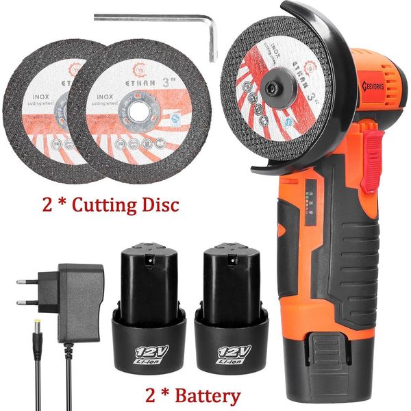 Smerigliatrice Angolare Senza Fili A Batteria - Mini 12 V - Velocità 19.500 Giri/Min - Due Batterie - Motore A Spazzole - Dimensioni 216×84×120 Mm - Arancione-image