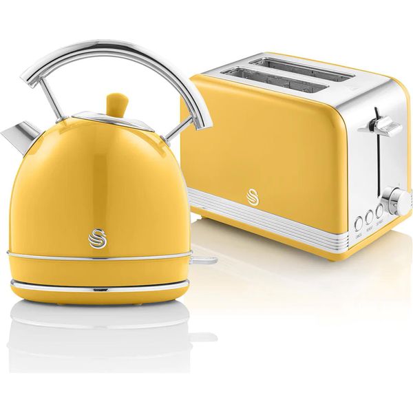 Swan STP7050YELNEW Set Colazione Retrò, Bollitore 1,8L Senza Fili, 2 Tostapane A Fessura Larga, Giallo Vintage-image