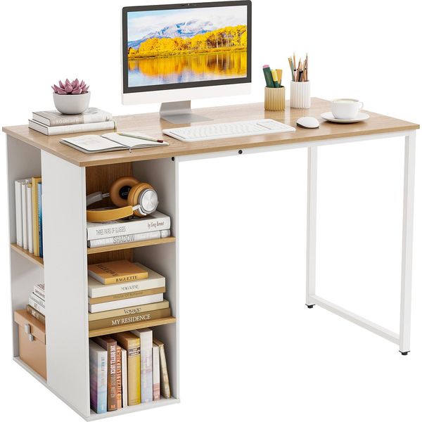 Costway Scrivania Con 5 Scomparti, Scrivania Per Computer 115 X 59 Cm, Scrivania Per Ufficio Con Spazio Di Archiviazione E Struttura In Metallo, Scrivania Moderna Per Pc, Scrivania Da Lavoro, Naturale + Bianco-image