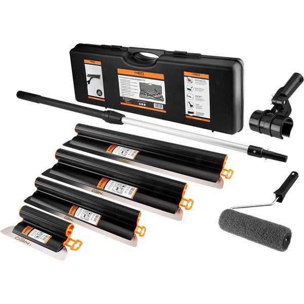 Set Di Spatole Neo Tools Per Intonaco E Gesso, 8 Pezzi In Valigetta – Spatola Per Superfici 200-800 Mm Con Lame In Acciaio Inossidabile Da 0,3 Mm, Asta Telescopica 0,7-1,2 M-image