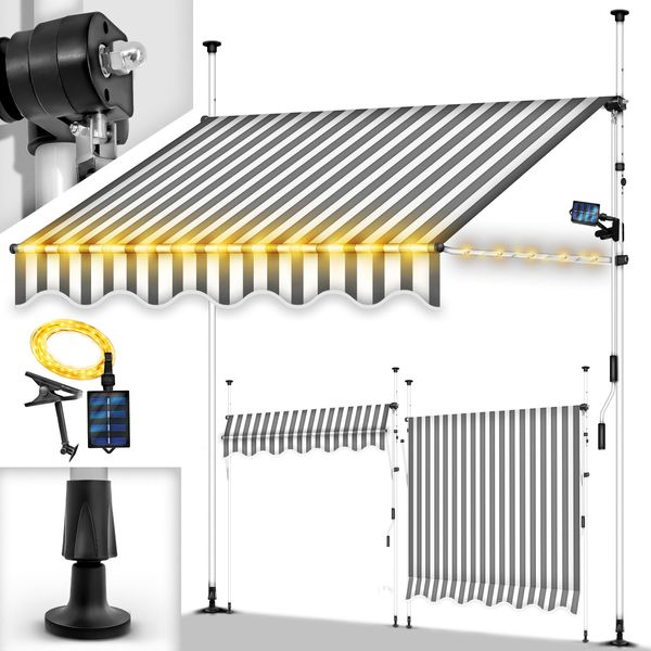 Tillvex Tenda A Morsetto 300 Cm Grigio/Bianco Con Led Solare Con Manovella Balcone | Tenda Da Balcone Senza Foratura | Tenda Resistente Ai Raggi Uv E Regolabile In Altezza | Protezione Solare Impermeabile-image