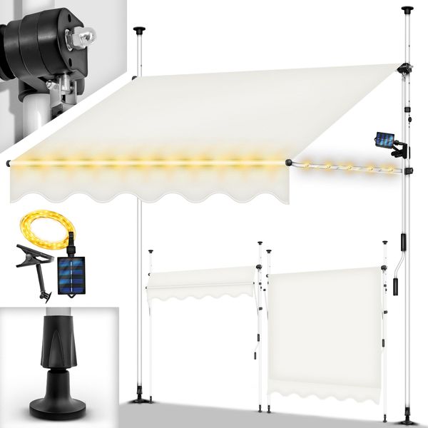 Tillvex Tenda A Morsetto 300 Cm Beige Con Led Solare Con Manovella Balcone | Tenda Da Balcone Senza Foratura | Tenda Resistente Ai Raggi Uv E Regolabile In Altezza | Protezione Solare Impermeabile-image