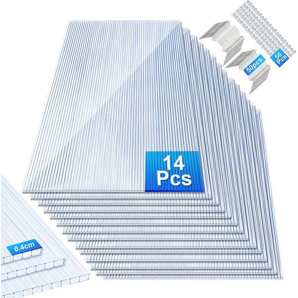 Jopassy 14X Lastre A Doppia Parete In Policarbonato 50X Morsetti Per Serre In Acciaio Inox 4Mm 10,25 M² Lastra A Doppia Parete 1210X605 Lastra Alveolare Telo Per Serra-image