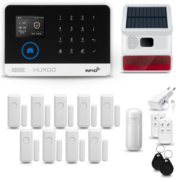 Huxgo HXA003 Sistema Di Allarme Casa Wifi + Gsm 2G Con Sirena Wireless, Sistema Di Allarme Con 1X Sensore Di Movimento E 9X Sensore Porta-Finestra, Sistema Di Allarme Per Appartamento, Casa, Ufficio, Tuya Smartlife App-image
