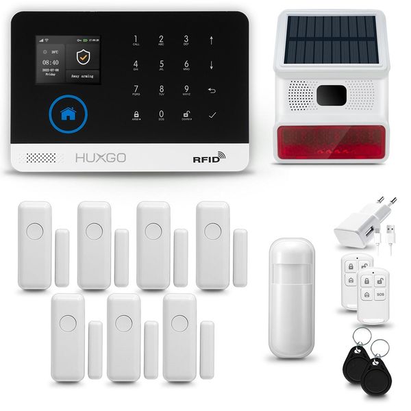 Huxgo HXA003 Sistema Di Allarme Casa Wifi + Gsm 2G Con Sirena Wireless, Sistema Di Allarme Con 1X Sensore Di Movimento E 7X Sensore Porta-Finestra, Sistema Di Allarme Per Appartamento, Casa, Ufficio, Tuya Smartlife App-image