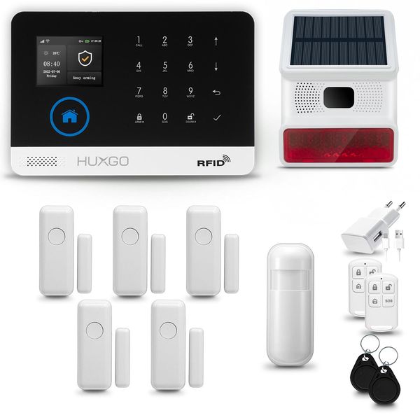 Huxgo HXA003 Sistema Di Allarme Casa Wifi + Gsm 2G Con Sirena Wireless, Sistema Di Allarme Con 1X Sensore Di Movimento E 5X Sensore Porta-Finestra, Sistema Di Allarme Per Appartamento, Casa, Ufficio, Tuya Smartlife App-image