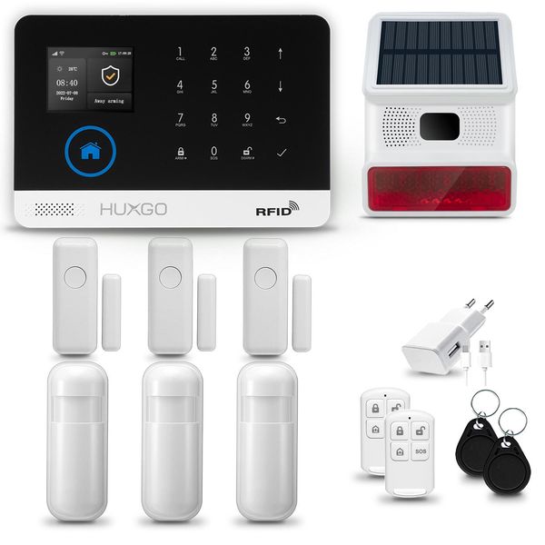 Huxgo HXA003 Sistema Di Allarme Casa Wifi + Gsm 2G Con Sirena Wireless, Sistema Di Allarme Con 3X Sensore Di Movimento E 3X Sensore Porta-Finestra, Sistema Di Allarme Per Appartamento, Casa, Garage, Tuya Smartlife App-image