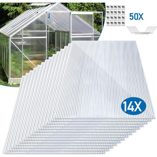 Tolletour 14X Lastre Biparete In Policarbonato 4Mm, Lastra Biparete 10,25 M² - 1210X605, 50X Morsetti + 50X Clip A Z, Telo Per Serra Resistente Ai Raggi Uv-image