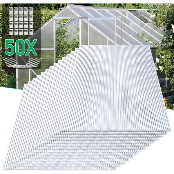 Jopassy 14X Lastre In Policarbonato A Doppia Parete 4Mm 50X Morsetti Per Serre In Acciaio Inox 10,25 M² Lastra A Doppia Parete 1210X605 Lastra Per Serra Multipla-image