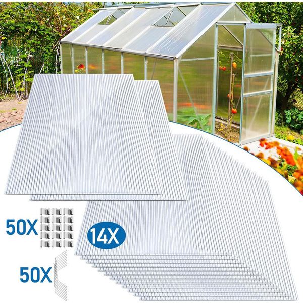 Jayseuw 14X Lastre In Policarbonato A Doppia Parete 4Mm 50X Morsetti Per Serre In Acciaio Inox 10,25 M² Lastra A Doppia Parete 1210X605 Lastra Alveolare Telo Per Serra-image
