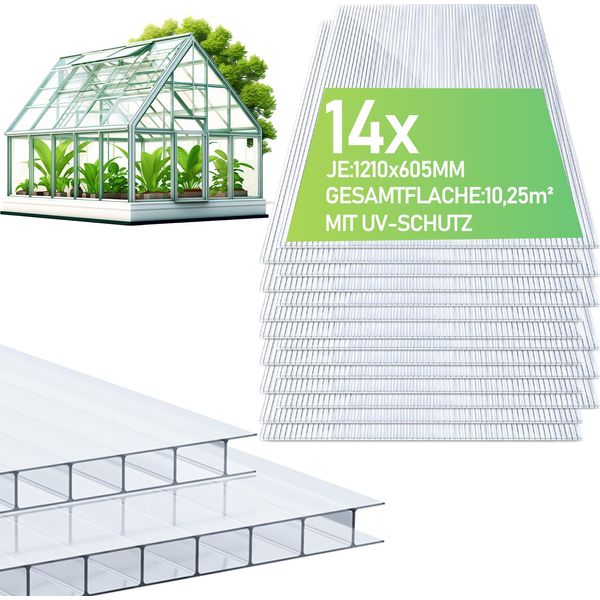 Clanmacy 14X Lastre A Doppia Parete 4 Mm Tagliabili 121X60,5 Cm Policarbonato 10,25M² Resistente Ai Raggi Uv Lastre A Doppia Parete Trasparenti Lastre Per Serre Lastre A Più Pareti-image