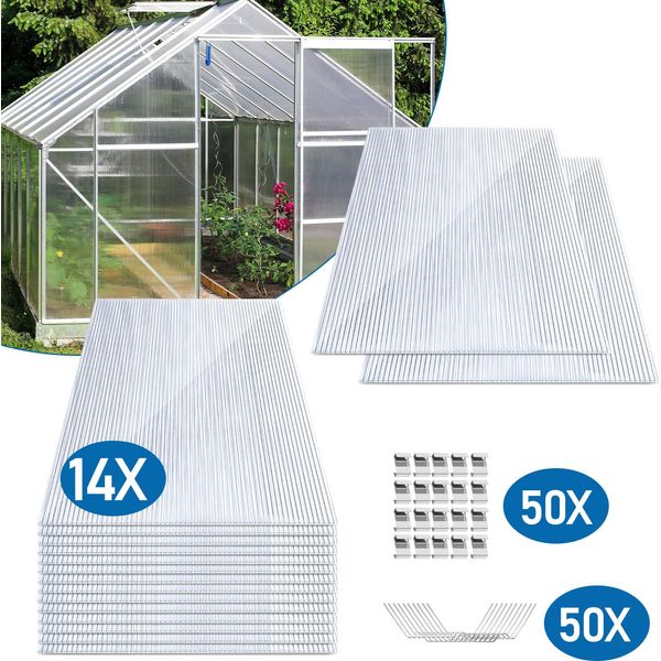 Clanmacy 14X Lastre Biparete In Policarbonato 4Mm, Lastra Biparete 10,25 M² - 1210X605, 50X Morsetti + 50X Clip A Z, Telo Per Serra Resistente Ai Raggi Uv-image