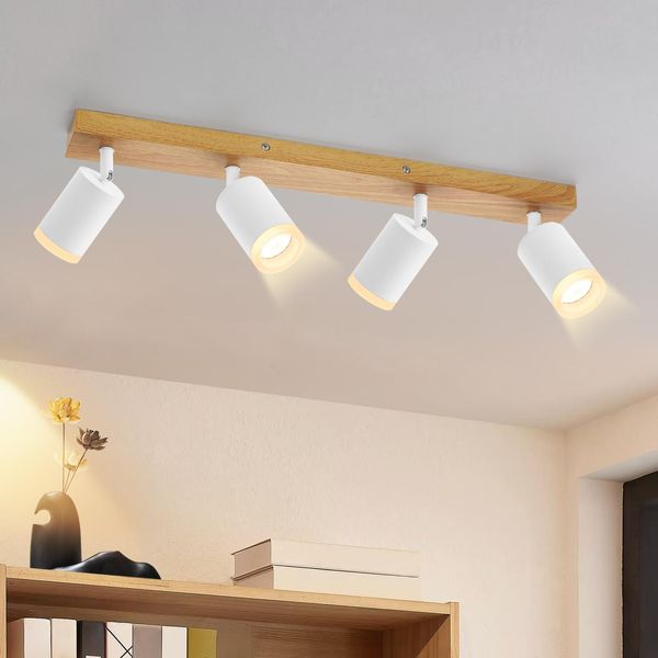 Zmh Soffitto Faretto 4 Fiamme Soffitto Spot Bianco Cucina Lampada Legno GU10 Parete Faretto 350 ° Rotante Cucina Vintage Faretto Industriale Retrò Spot Per Soggiorno Camera Da Letto Corridoio (Senza Lampadine)-image