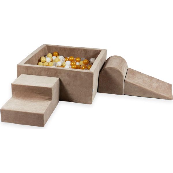 Parco Giochi In Schiuma Con Vasca Quadrata 90X90X40 Velvet Soft Dark Beige + 400 Palline: Trasparenti, Bianche, Beige, Oro-image