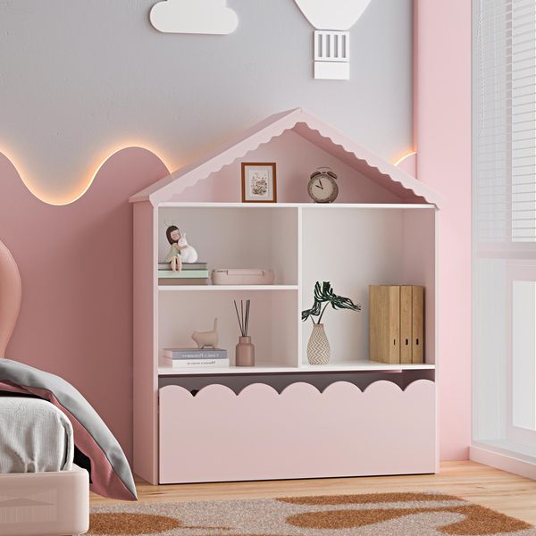 Scaffale Per Bambini 'Vestnes' Effetto Casa Con Cassetto A Onde 114 X 91 X 30 Cm Zucchero Filato / Bianco-image