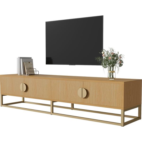 Mobile Tv Sweiko 180 Cm Con Venature Del Legno - Mobile Moderno Per Sala Da Pranzo, 4 Ante, Maniglie Semicircolari-image