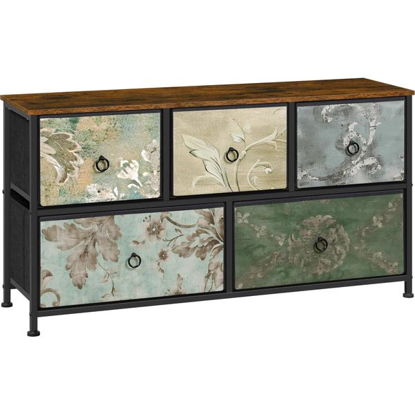 Cassettiera Con 5 Cassetti - Credenza Tv - Struttura In Metallo - Cassetti In Tessuto - Dimensioni 100 X 54 X 30 Cm - Fino A 40 Kg - Motivo Floreale Giallo Chiaro-image