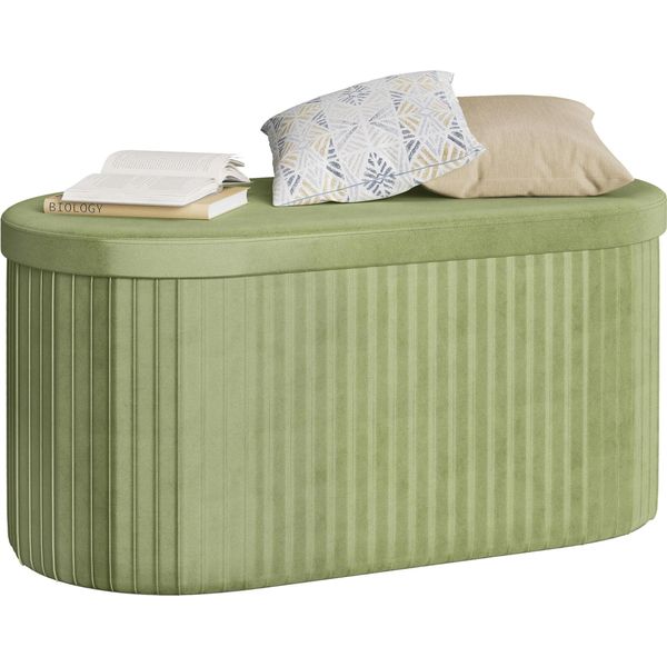 Pouf Rotondo In Velluto - Sgabello Contenitore - Pieghevole - Coperchio Imbottito Rimovibile - E1-MDF - Grande - Verde-image