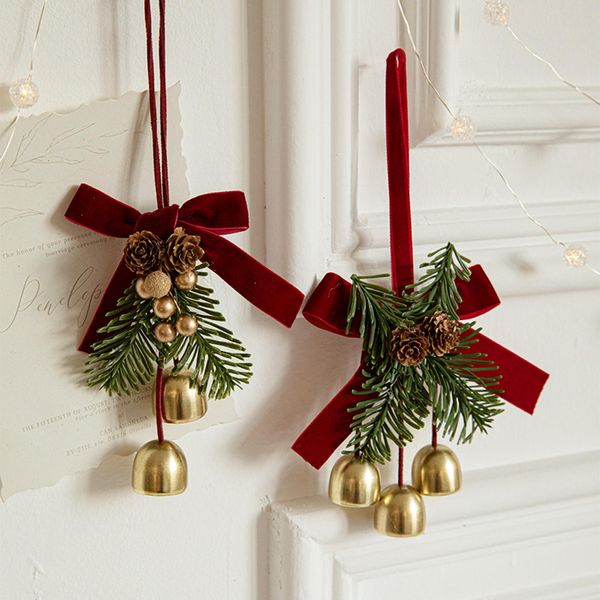 2 Fiocchi Per Ghirlande Natalizie Con Campanelle E Pigne Come Topper Per L'albero Di Natale, Fiocchi Natalizi Con Pigne E Campanelle Pendenti-image