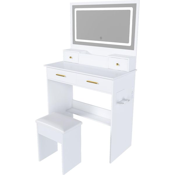 Comodino Da Camera Da Letto Con Specchio, Incluso Sgabello Imbottito, Presa Di Corrente, Supporto Per Asciugacapelli, 4 Cassetti, Luce Led A 3 Colori Dimmerabile-image
