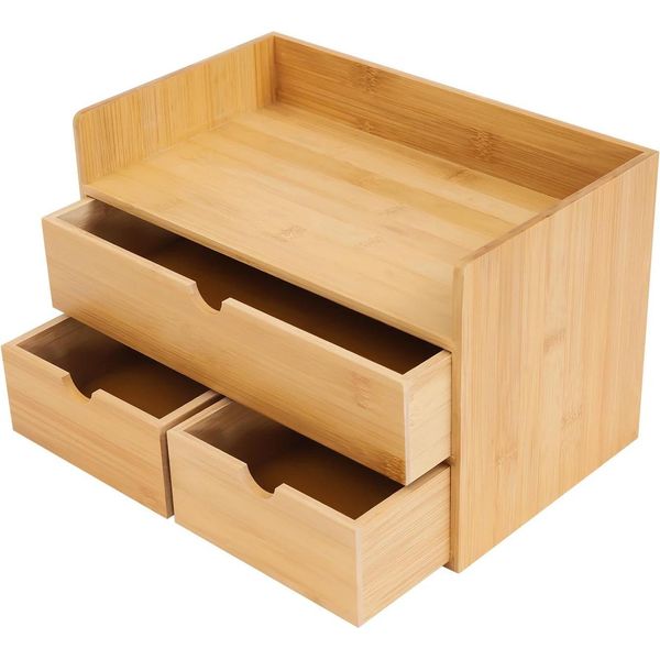 Organizzatore Da Scrivania - Mini Cassettiera Con 3 Cassetti - Bambù - Porta Trucchi E Ufficio - Per Ufficio E Soggiorno-image
