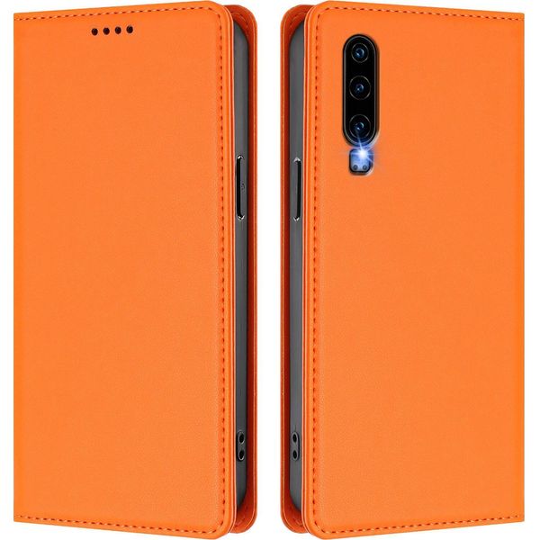 Custodia Per Huawei P30, Flip Cover In Finto Cuoio Antiurto Magnetica Con Supporto Arancione-image