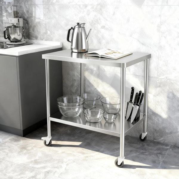 Tavolo Da Lavoro In Acciaio Inox - Carrello Mobile A 2 Livelli - 76×60×85 Cm - Portata 300 Kg - Ruote Con Freno - Piano Da 5 Cm - Verde Militare-image