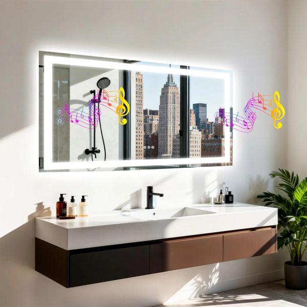 Specchio Da Bagno Led - Rettangolare Senza Cornice - 100X70 Cm - Altoparlante Bluetooth - 3 Temperature Di Colore Dimmerabile - Antiappannamento - Impermeabile - Vetro Temperato - Blu Navy-image