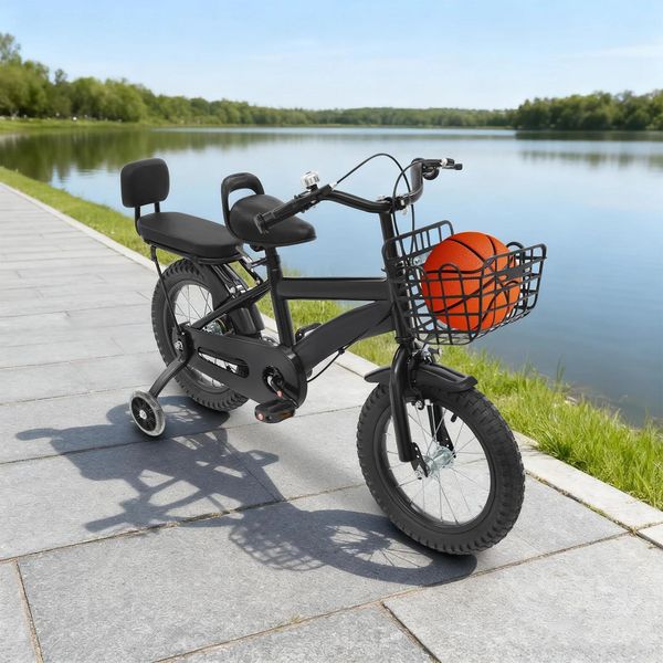 Bicicletta Per Bambini - Ruote Da 35 Cm - Con Schienale - Ruote Di Supporto - Doppio Freno A V - Sella/Manubrio Regolabile - 3,5-6 Anni - Max. 60 Kg - Nero-image