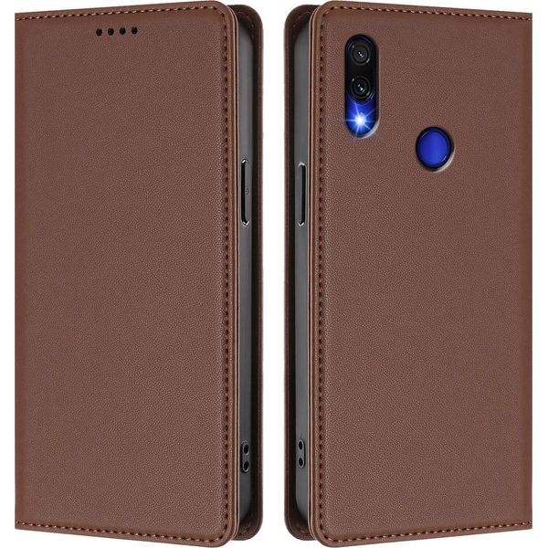 Custodia Per Xiaomi Redmi Note 7/Note 7 Pro, Flip Cover In Finto Cuoio Antiurto Magnetica Con Supporto Marrone-image