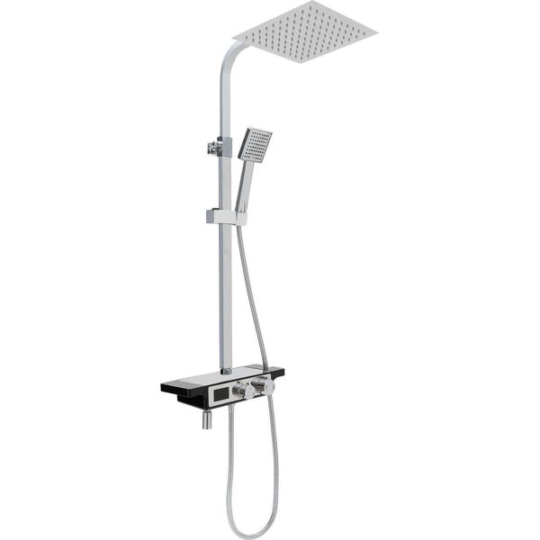 Sistema Doccia - Miscelatore Termostatico Con Doccia A Pioggia - 3 Modalità: Soffione, Doccetta, Bocca - Soffione 25X25 Cm - Altezza Regolabile 74,5-115 Cm - Montaggio A Parete - Argento-image